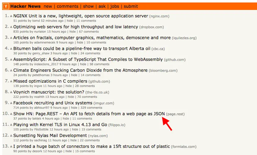 Image 2: Page.REST at #10 on HN