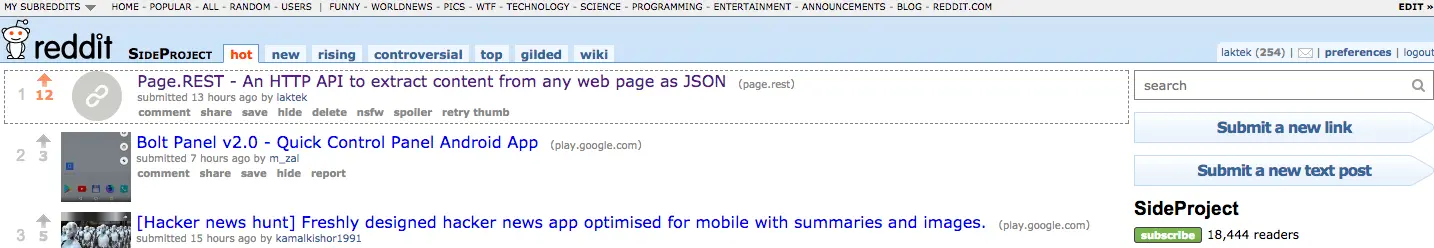 Image 3: Page.REST as the top post on /r/sideproject